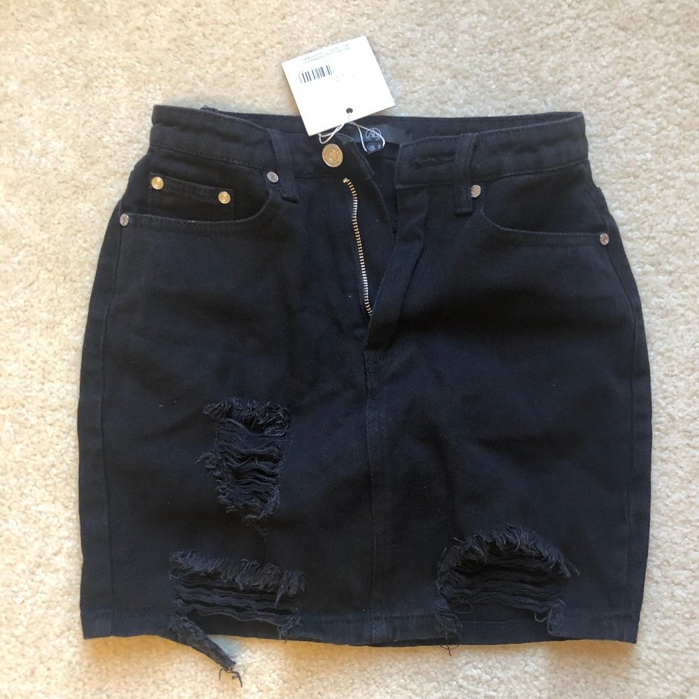 Black, Ripped, Denim, Skirt